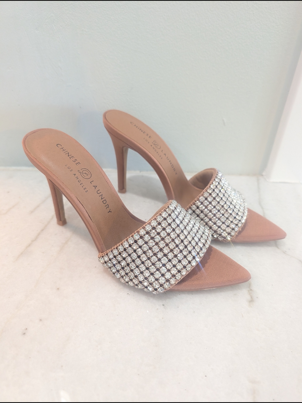 Chinese Laundry Jeeper Rhinestone Tan Slide Heels Sandal 4" Heel New